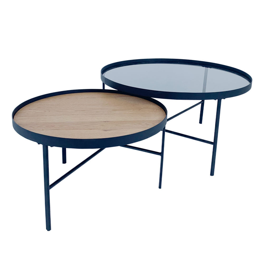 ACCORDO COFFEE TABLE SET 2PCS TEMPERED GLASS NATURAL SMOKE VENEER ΟΑΚ BLACK 80x80xH42cm E1 PRC