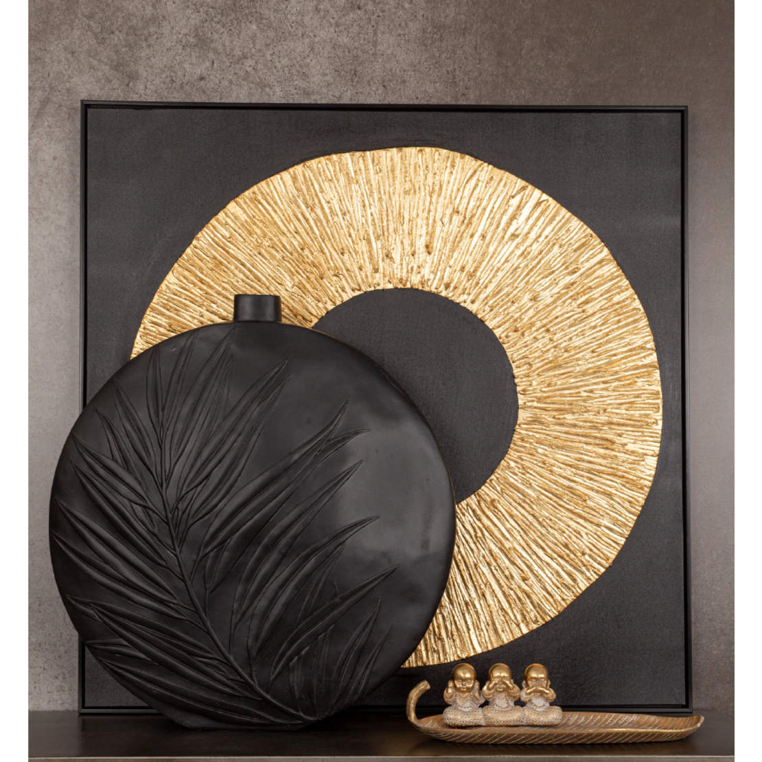 CICLE PAINTING CANVAS BLACK GOLD WOOD 100x100xH4,5