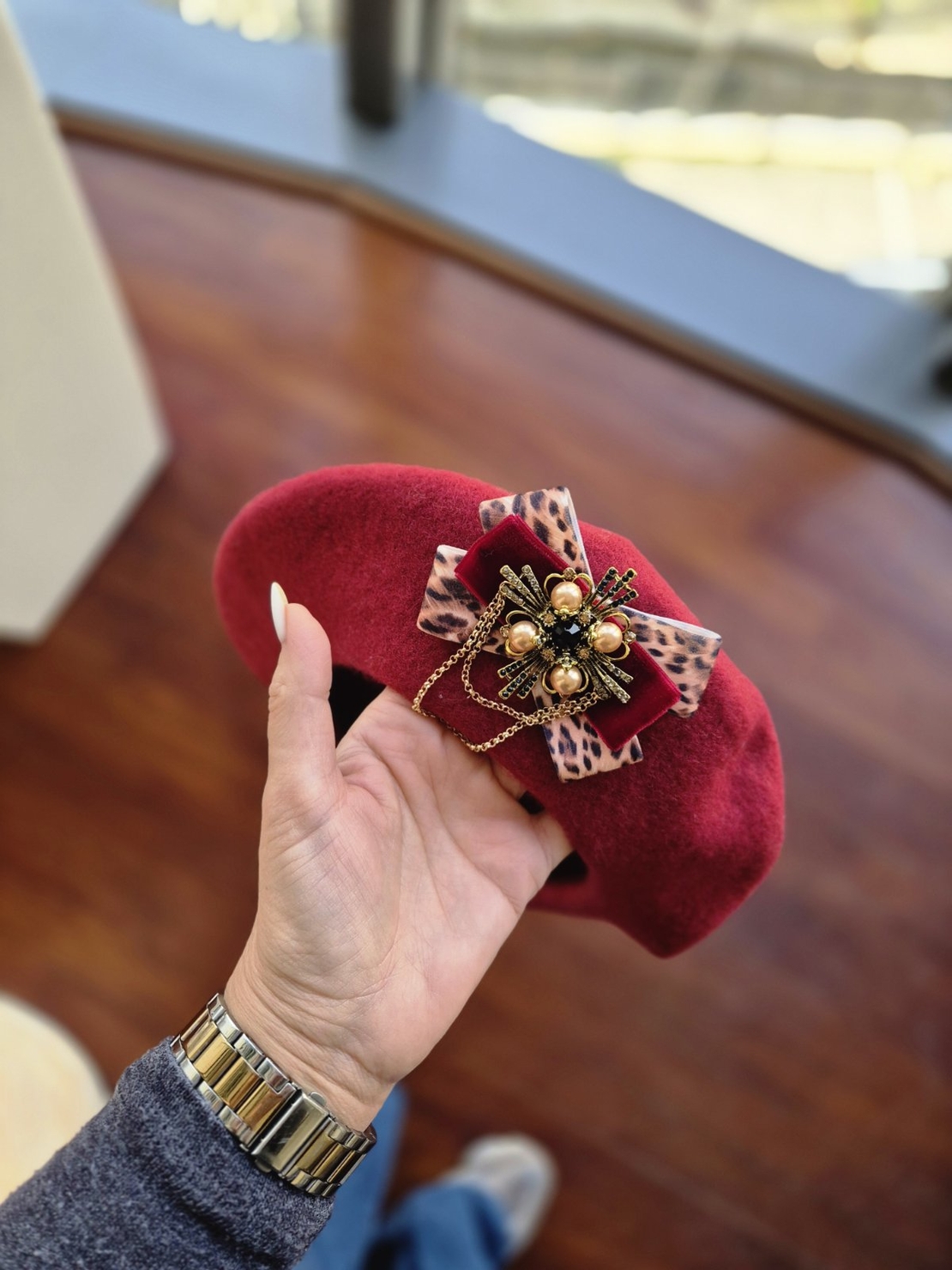 Burgundy and Leopard  Beret