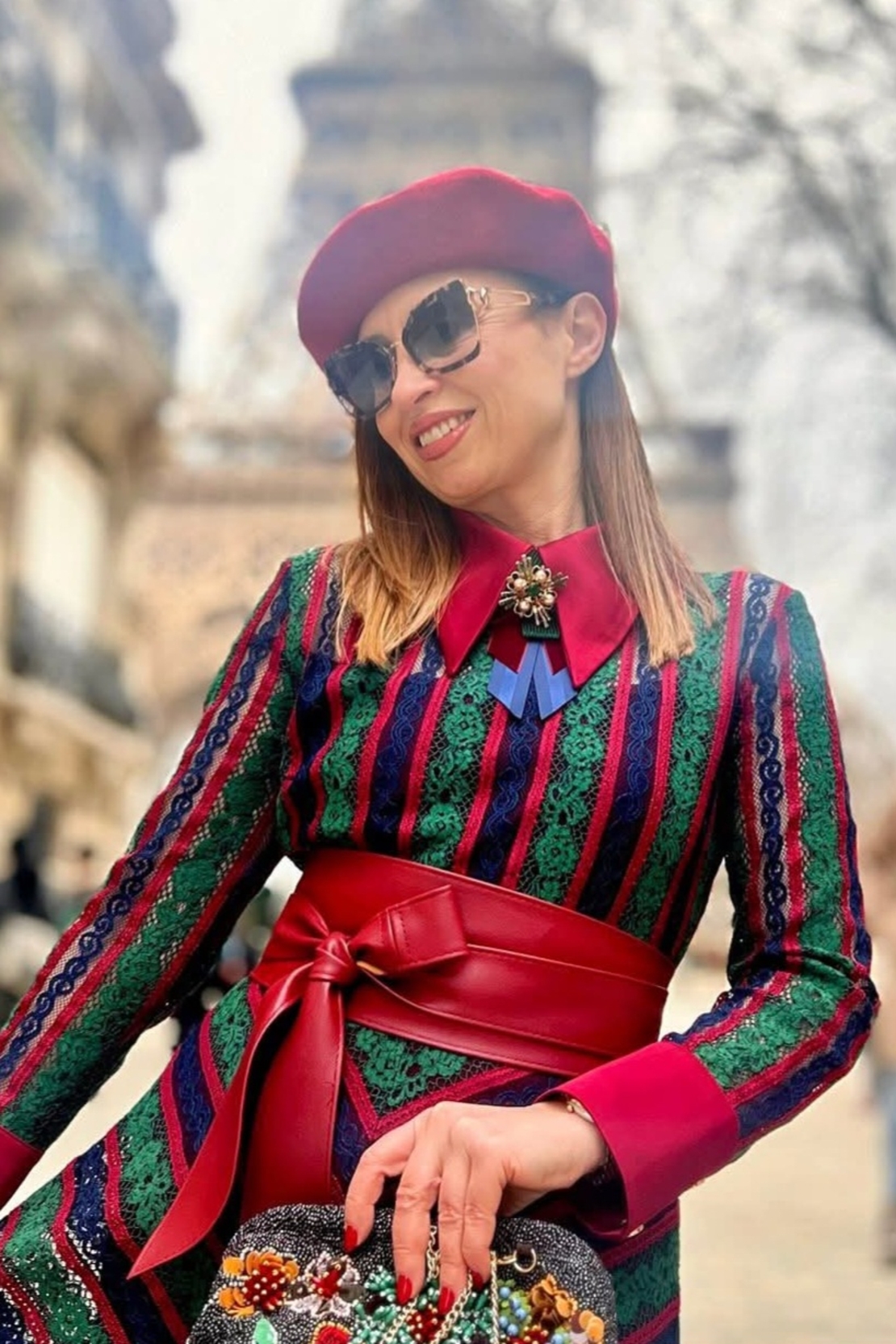 Burgundy and blue bow brooch