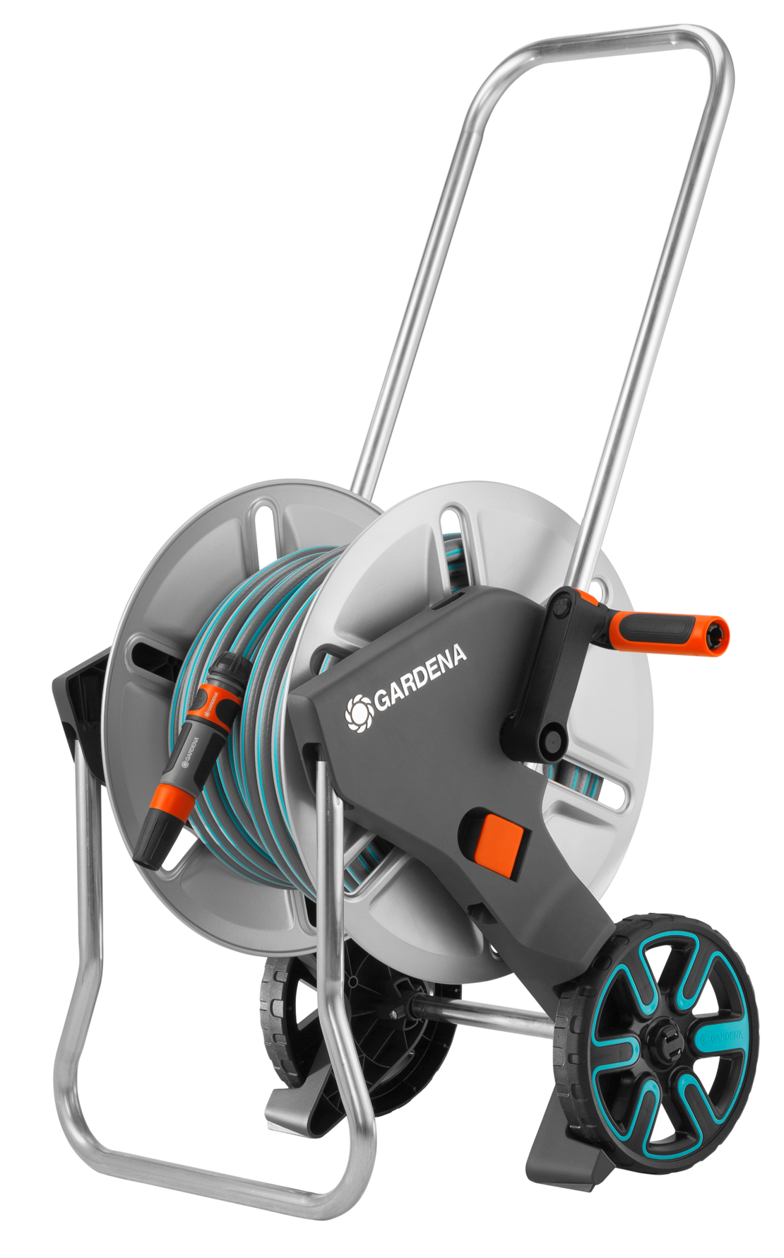 GARDENA AquaRoll M metal hose reel set, with hose, system parts, nozzle