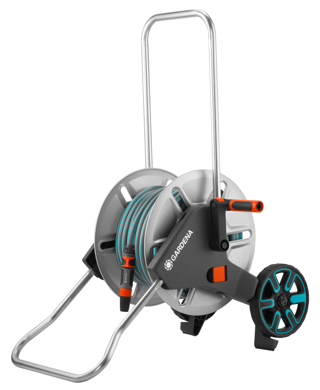 GARDENA AquaRoll M metal hose reel set, with hose, system parts, nozzle
