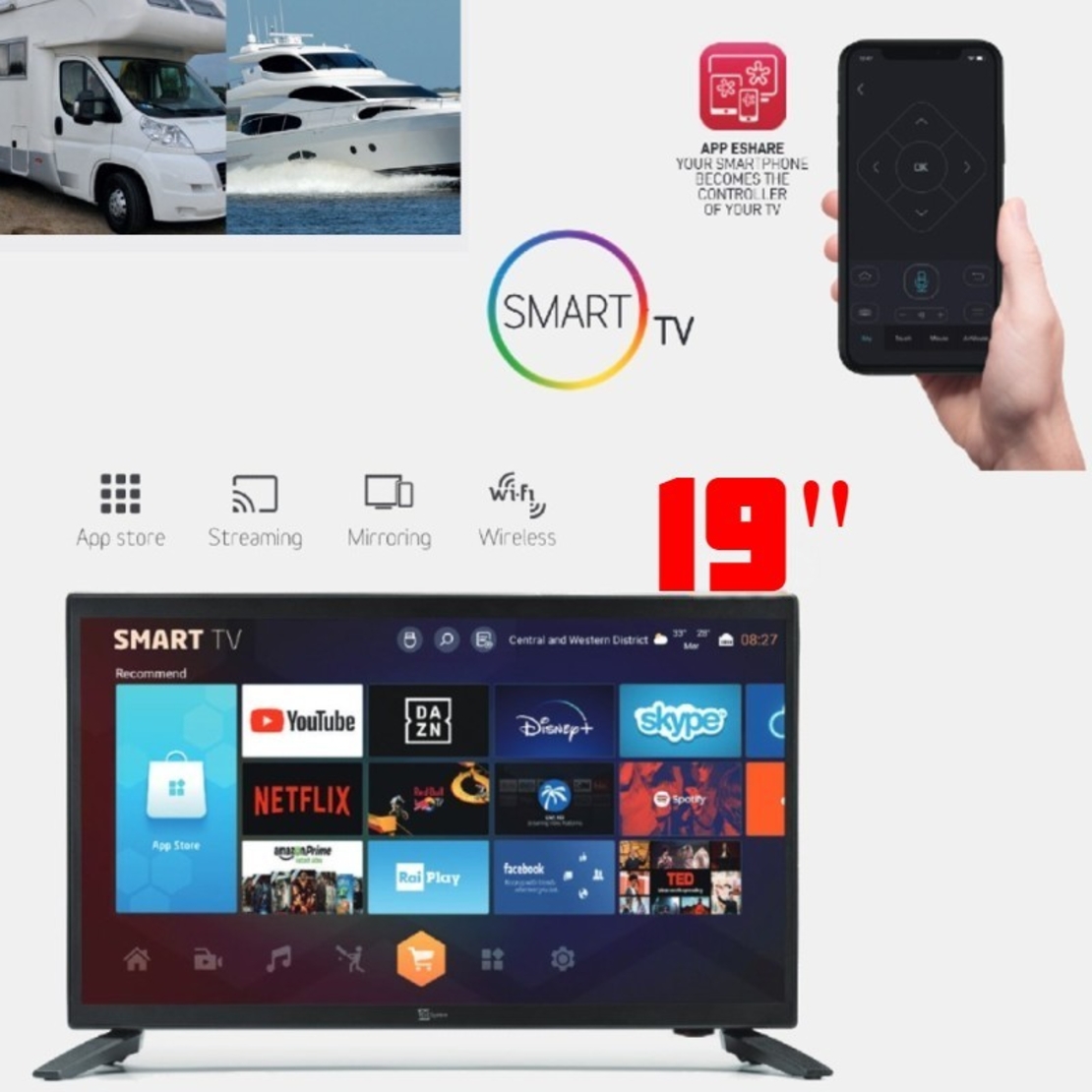 Смарт телевизор с Android Northern Cross Tel Sys NC-SMART19 LX SLIM, 19 инча, 12 волта, Wi-Fi