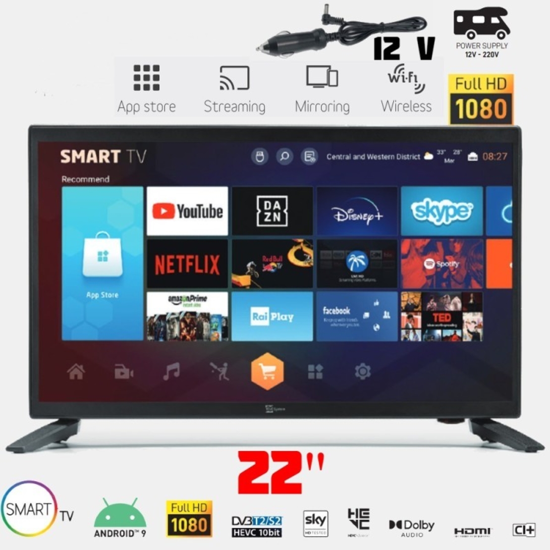 Смарт телевизор с Android Northern Cross Tel Sys NC-SMART22 LX SLIM, 22 инча, 12 волта, Wi-Fi