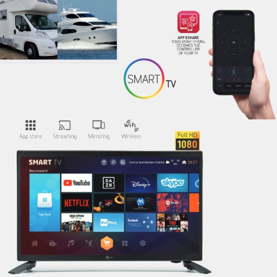 Смарт телевизор с Android Northern Cross Tel Sys NC-SMART22 LX SLIM, 22 инча, 12 волта, Wi-Fi