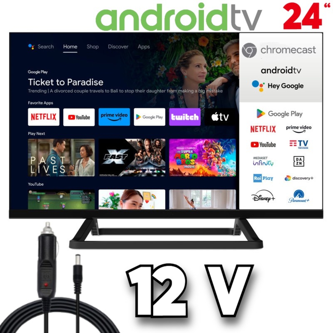 Смарт Телевизор на 12 волта, 24 инча, Android TV, Crome Cast, Google Play, Google Assistant