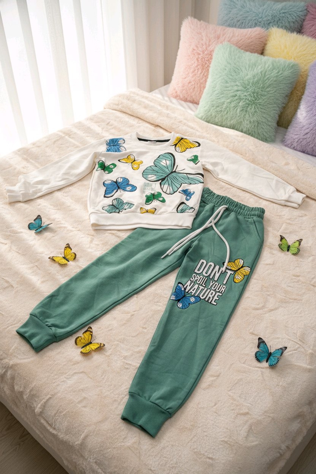 Комплект с триконечна вата с пеперуди