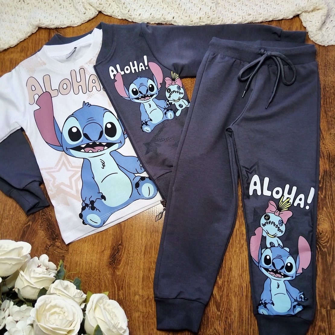 Комплект с тениска Стич в сиво