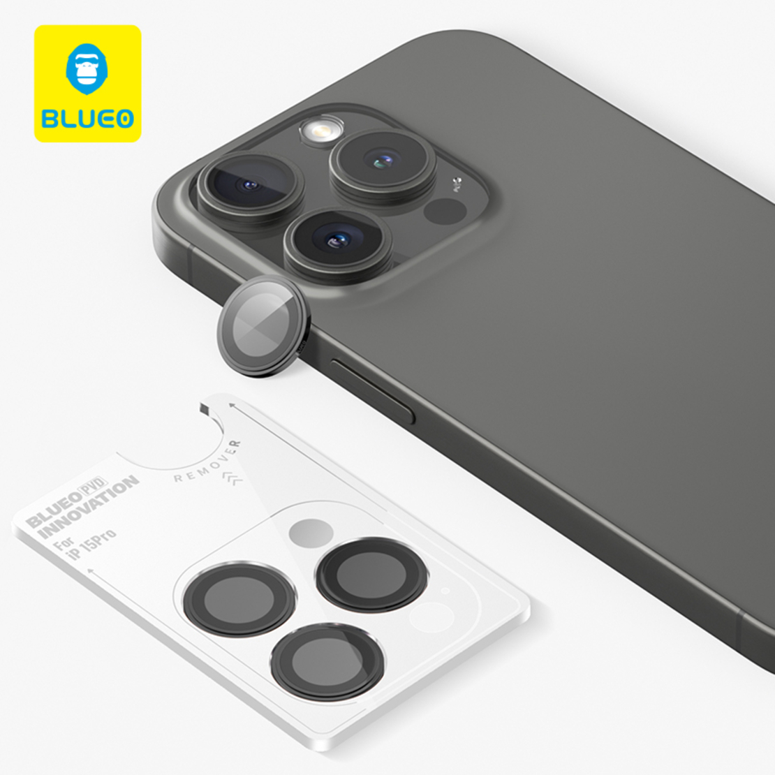 Blueo PVD Stainless Steel Camera Lens Protector for iPhone 15 Pro/15 Pro Max/16 Pro/16 Pro Max, blаck