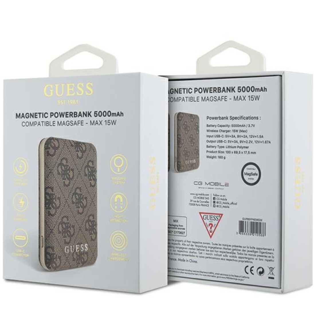 Guess Powerbank MagSafe 15W 5000mAh bbrown 4G Leather Metal Logo MagSafe
