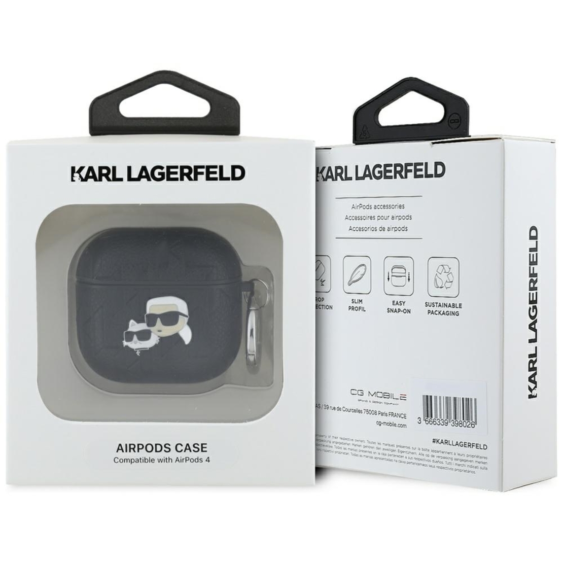 Karl Lagerfeld Monogram Karl & Choupette Head  AirPods 4 - Кожен кейс за AirPods 4, черен