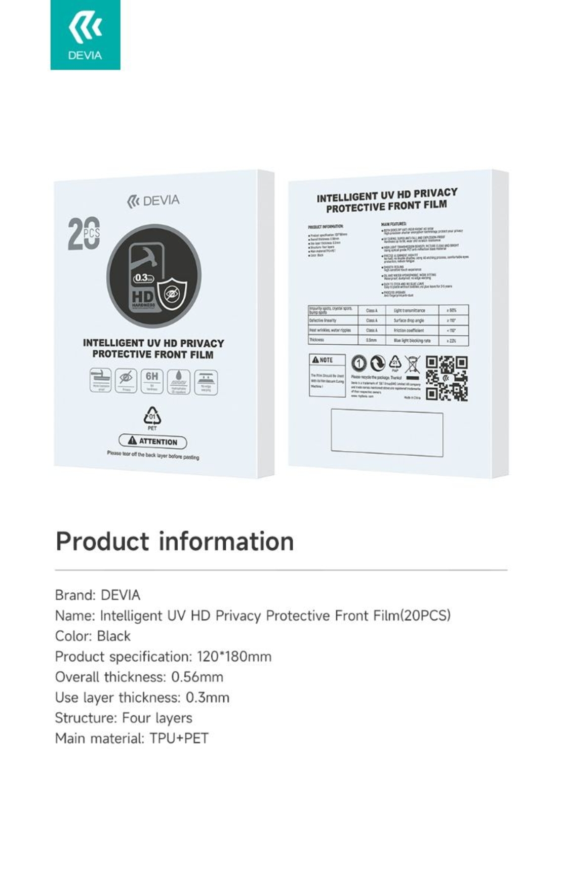 Пакет 20 броя Devia UV HD (0.3mm) Intelligent Privacy Protective Front хидрогел