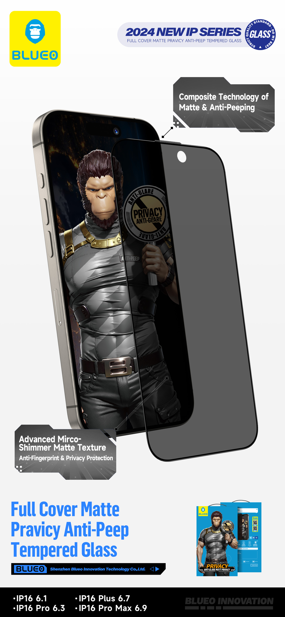 BLUEO Full Cover Anti-Peep Matte Glass iPhone 13/13 Pro/14