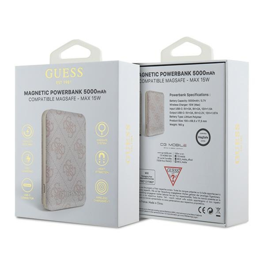 Guess Powerbank MagSafe 15W 5000mAh pink 4G Leather Metal Logo MagSafe