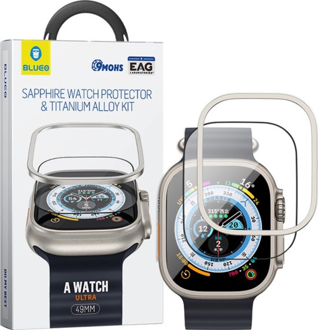 BLUEO SAPPHIRE & TITANIUM ALLOY WATCH GLASS KIT Apple Watch Ultra 1/2, natural titanium