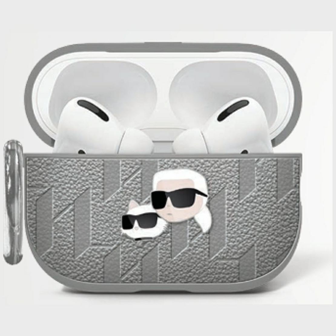 Karl Lagerfeld Monogram Karl & Choupette Head  AirPods 4 - Кожен кейс за AirPods 4, сив