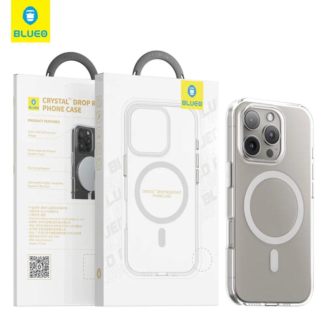 BLUEO Crystal Pro Drop Resistance Phone Case With Magnetic iPhone 16 Pro Max, прозрачен