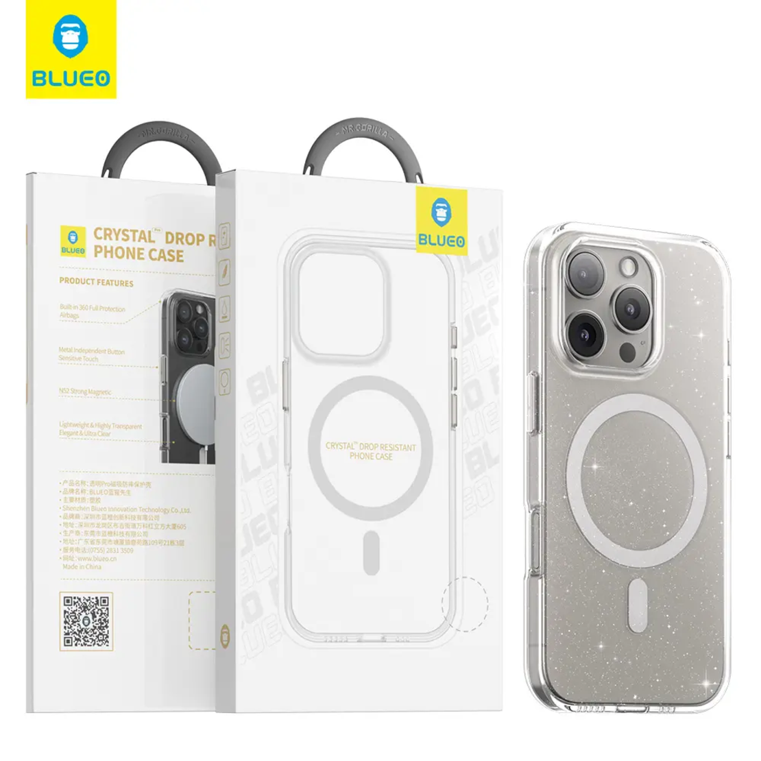 BLUEO Crystal Pro Drop Resistance Phone Case With Magnetic iPhone 16, прозрачен с брокат