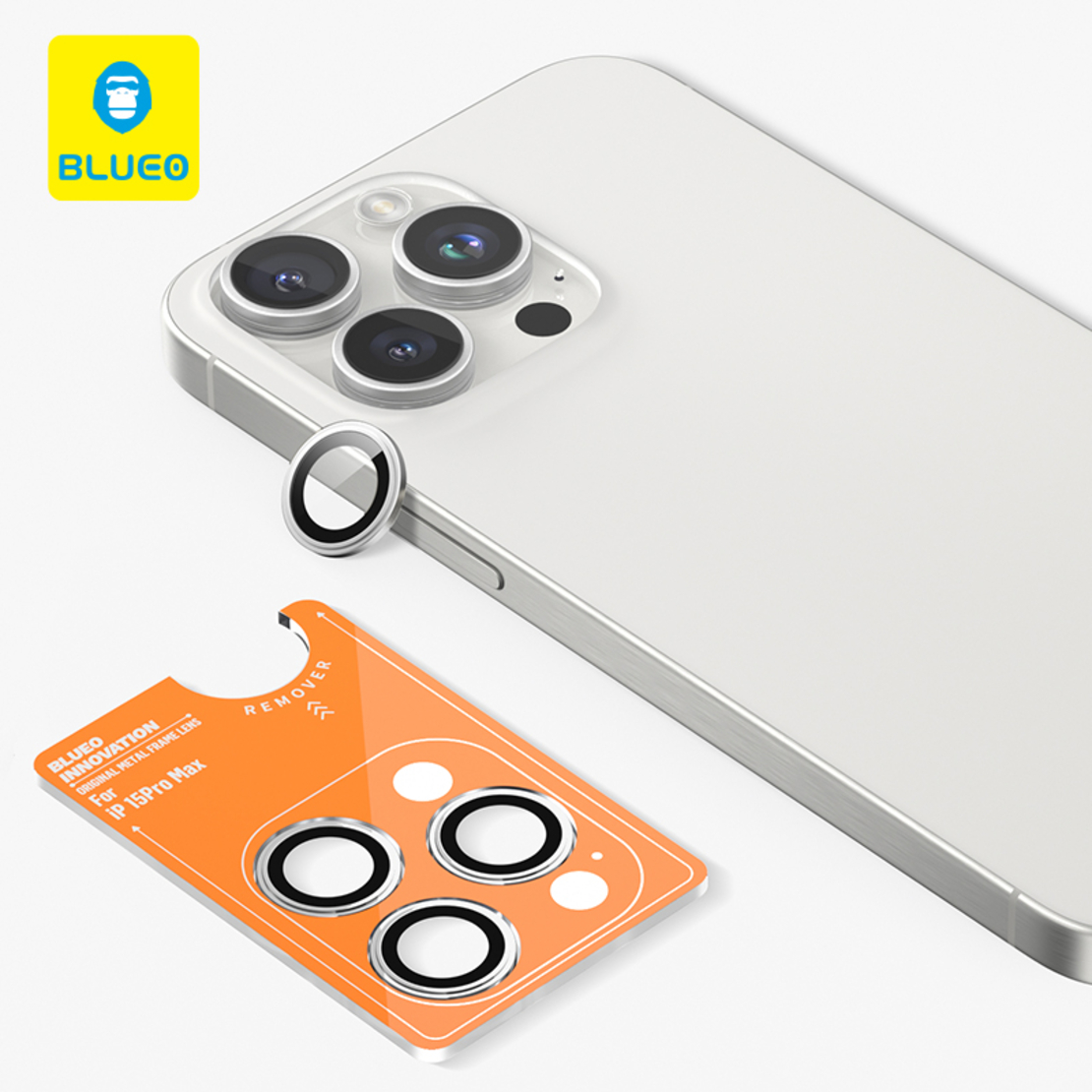 BLUEO Original metal frame lens Protector glass iPhone 15 Pro/15 Pro Max/16 Pro/16 Pro Max, Silver Titanium
