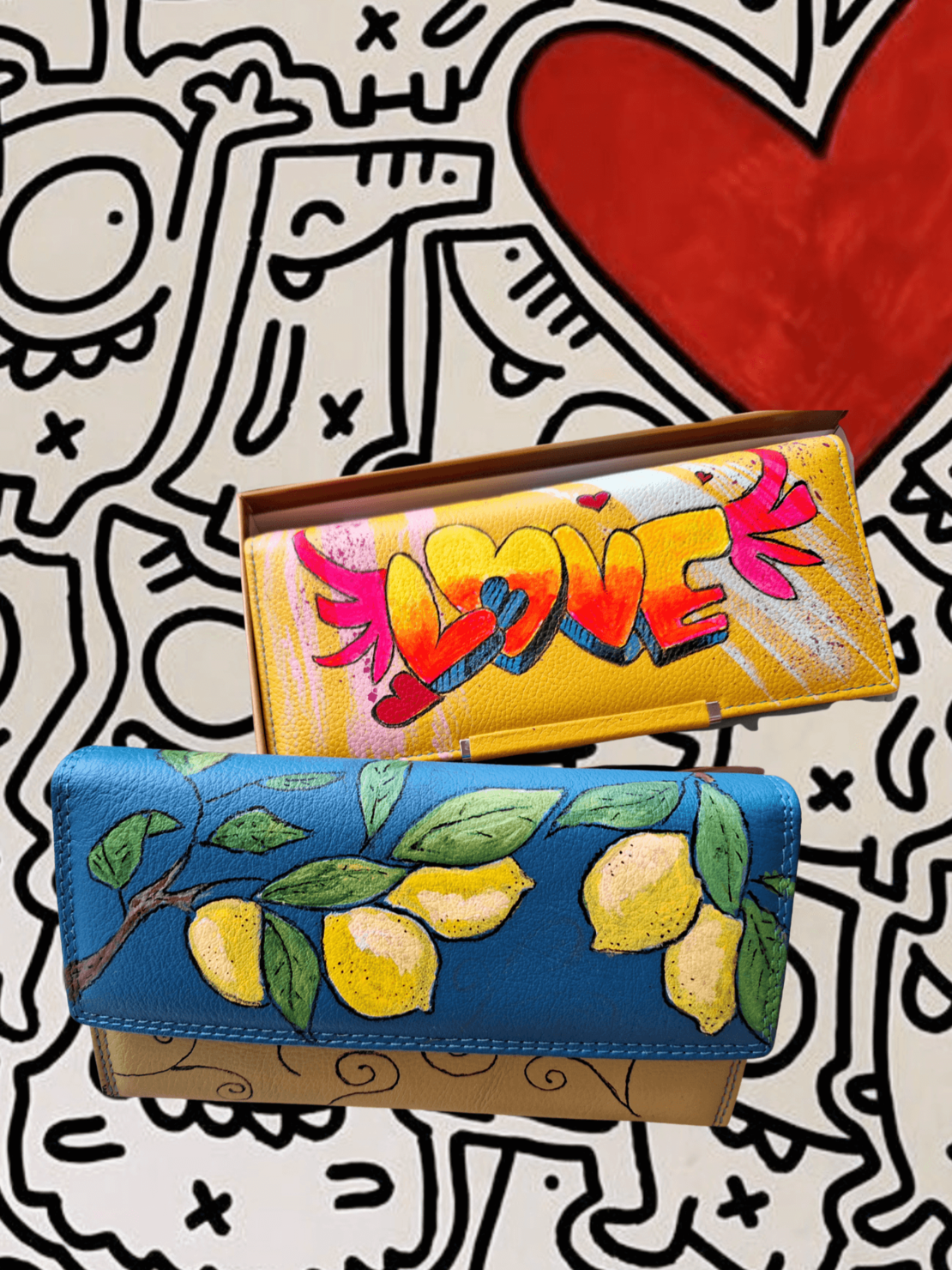 Ръчно рисуван Арт портфейл ,,LOVE,,,ЕСТЕСТВЕНА КОЖА