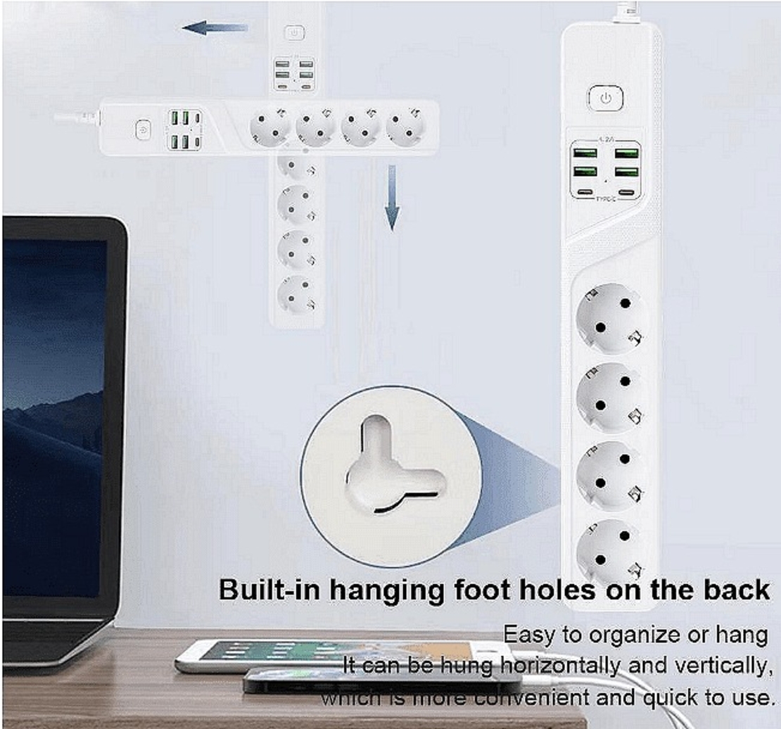 НЕМСКИ Универсален разклонител с 3 гнезда, Power Socket BKL-19 , 4.2А, 4 USB порта и 2 Type-C портала, Смарт технология, 3000W + ЛЕД ФЕНЕР