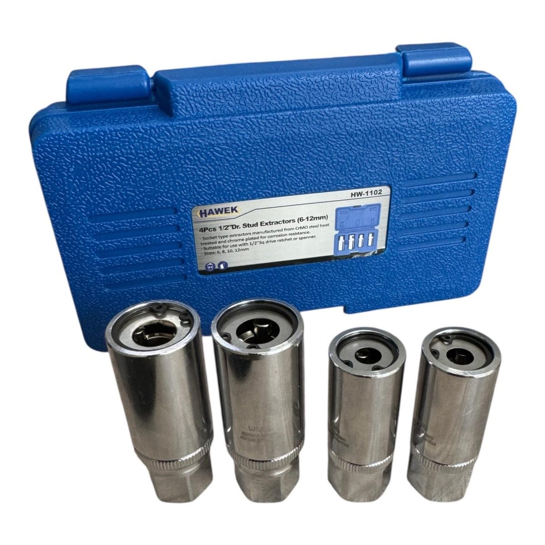 НЕМСКИ Екстрактори за Шпилки Комплект 4 части 6-12мм вложки шпилковадачи 1/2″ HAWEK HW-1102 + ЛЕД ФЕНЕР