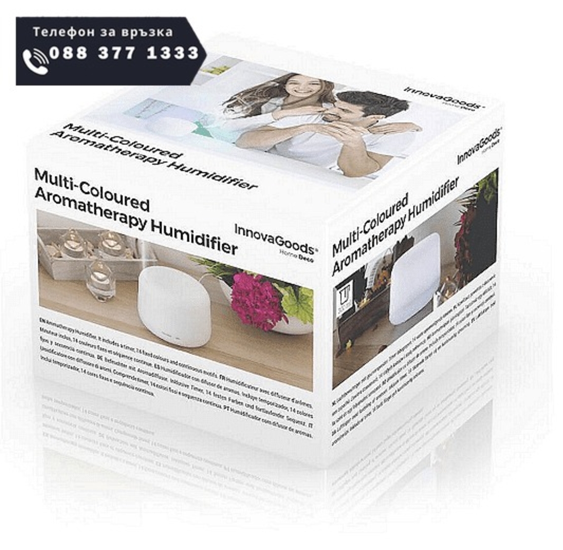 НЕМСКИ Арома дифузер, Овлажнител с многоцветни LED светлини, InnovaGoods, 400 ml, Бял + ЛЕД ФЕНЕР