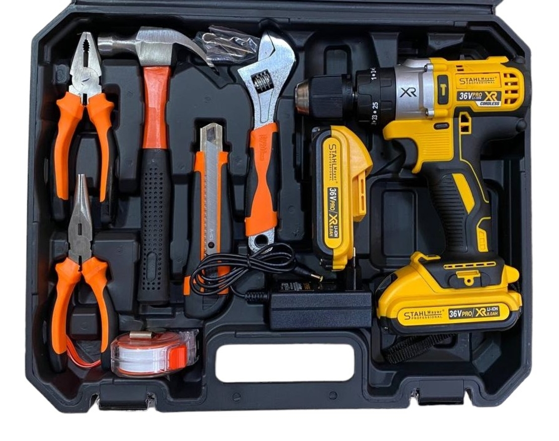 НЕМСКИ Акумулаторен Винтоверт + 111 части STAHLМAYER 36V 8,0AH Ударна Бормашина + ЛЕД ФЕНЕР