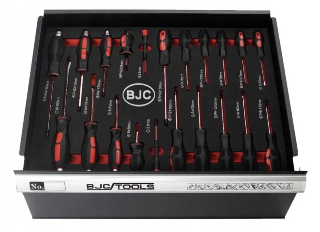 НЕМСКИ Професионален Шкаф с инструменти за сервиз BJC 7 пълни чекмеджета + ЛЕД ФЕНЕР