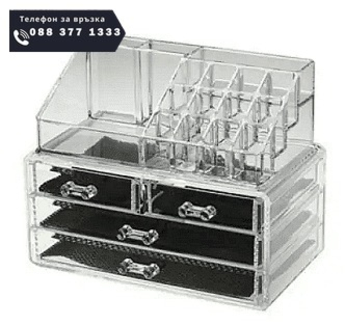 НЕМСКИ Комбиниран органайзер за гримове и бижута, 4 чекмеджета + ЛЕД ФЕНЕР