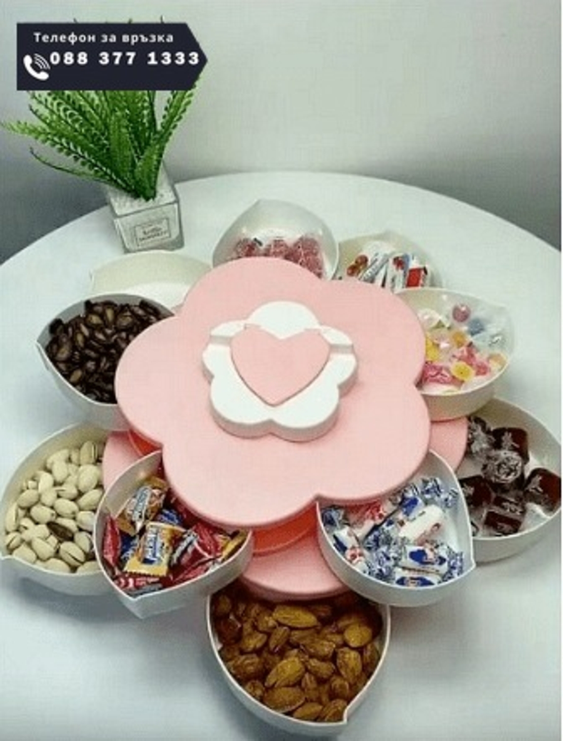 НЕМСКА Двуетажна моделираща и въртяща се кутия за ядки и бонбони, Пластмасова + ЛЕД ФЕНЕР