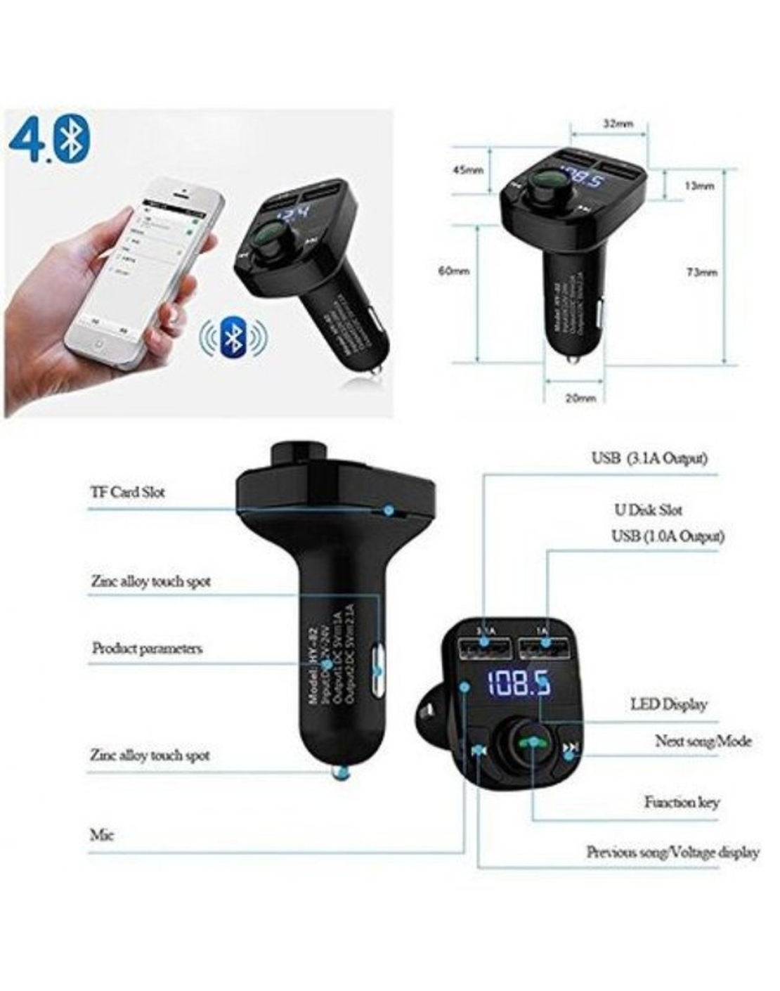 НЕМСКИ FM Трансмитер X8 - Bluetooth, USB, FM аудио предавател, MP3 плейър, Handsfree + ЛЕД ФЕНЕР