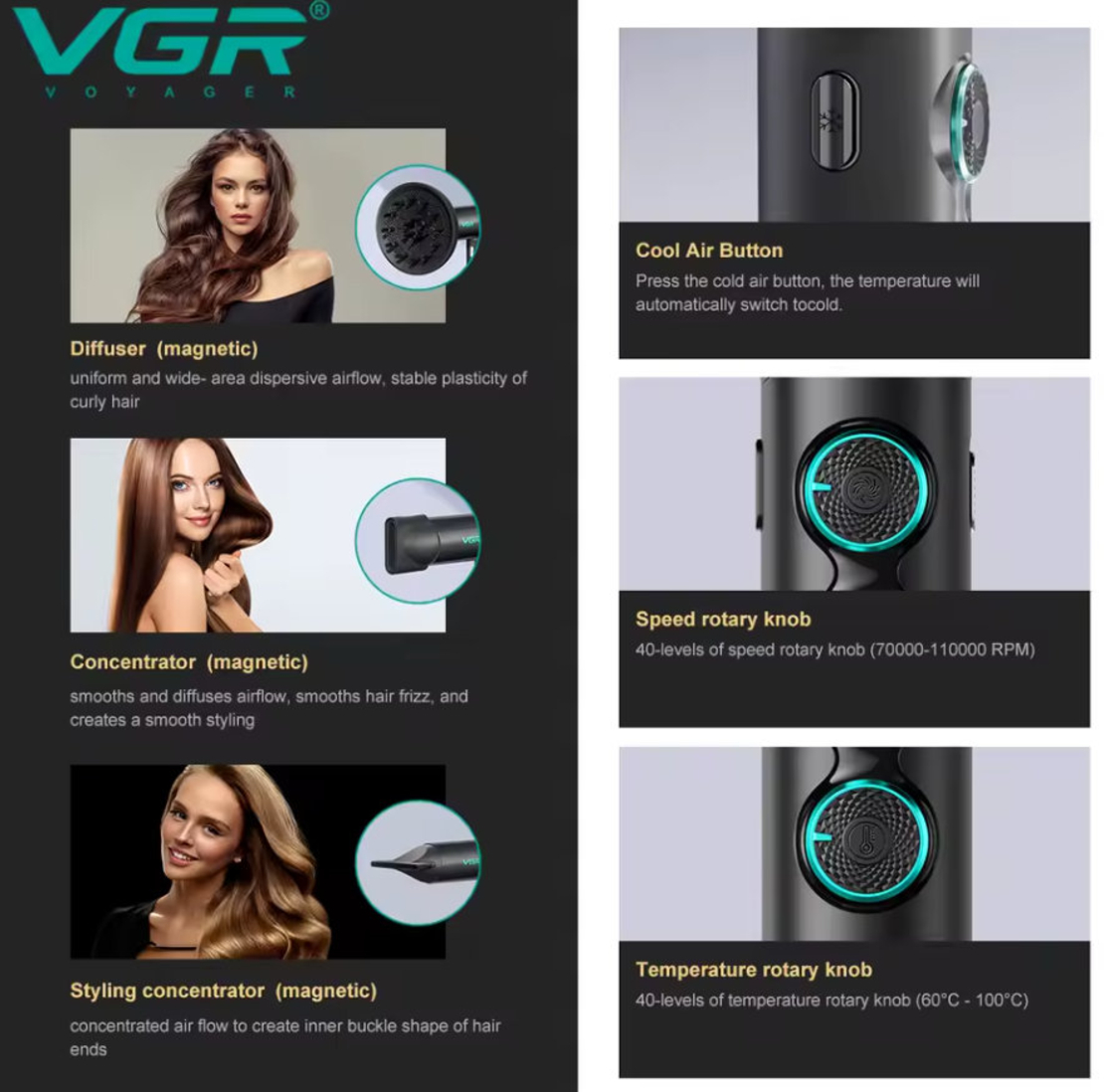 НЕМСКИ Професионален Сешоар VGR-401 – Черен С LED Дисплей