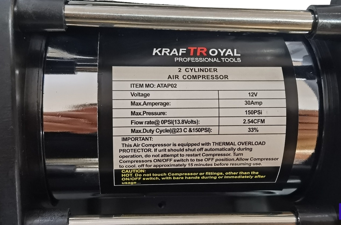 НЕМСКИ Компресор Двубутален за Помпане на Гуми с Led Фенер Маркуч за въздух Филитили и накрайници Комплект Пътна Помощ KRAFTROYAL + ЛЕД ФЕНЕР