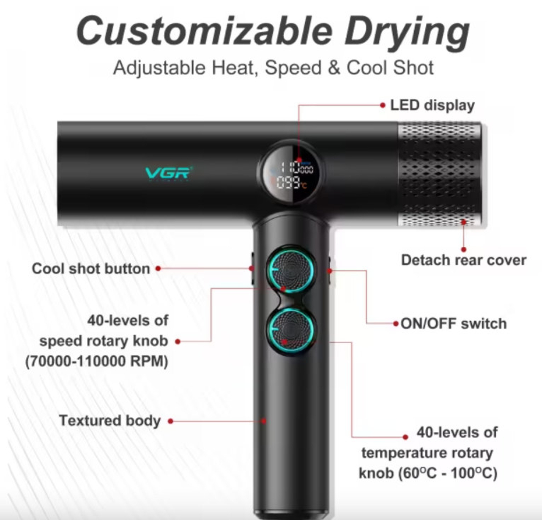 НЕМСКИ Професионален Сешоар VGR-401 – Черен С LED Дисплей