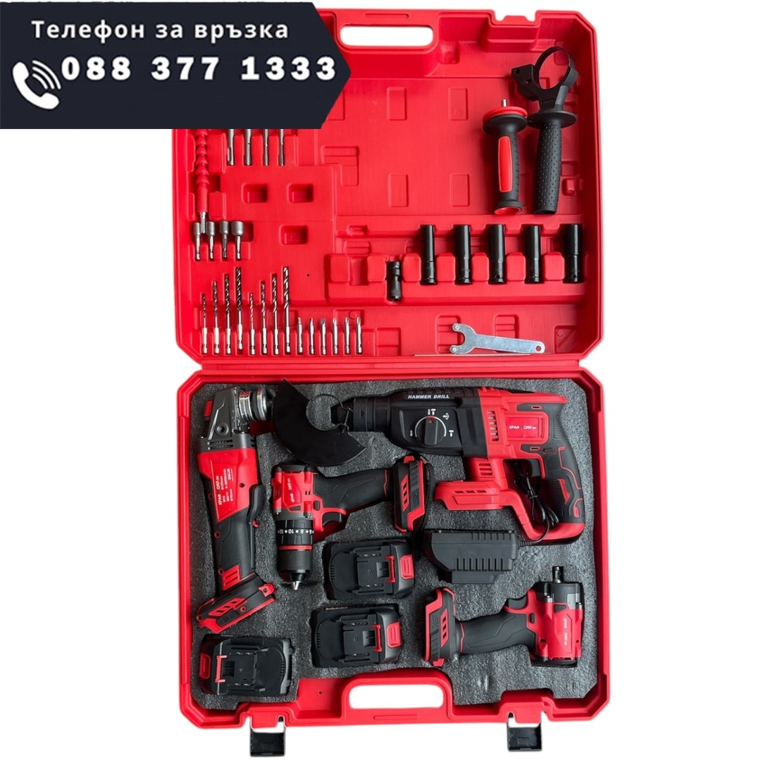 НЕМСКИ Безчетков Комплект 4в1 36V 8,0AH Перфоратор Ъглошлайф Винтоверт и Гайковерт/Импакт 3x Батерии Безжични KRAFTROYAL + ЛЕД ФЕНЕР