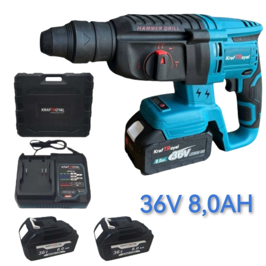 НЕМСКИ Акумулаторен Перфоратор Безчетков 36V 8,0AH KRAFTROYAL SDS PLUS Безжичен + ЛЕД ФЕНЕР
