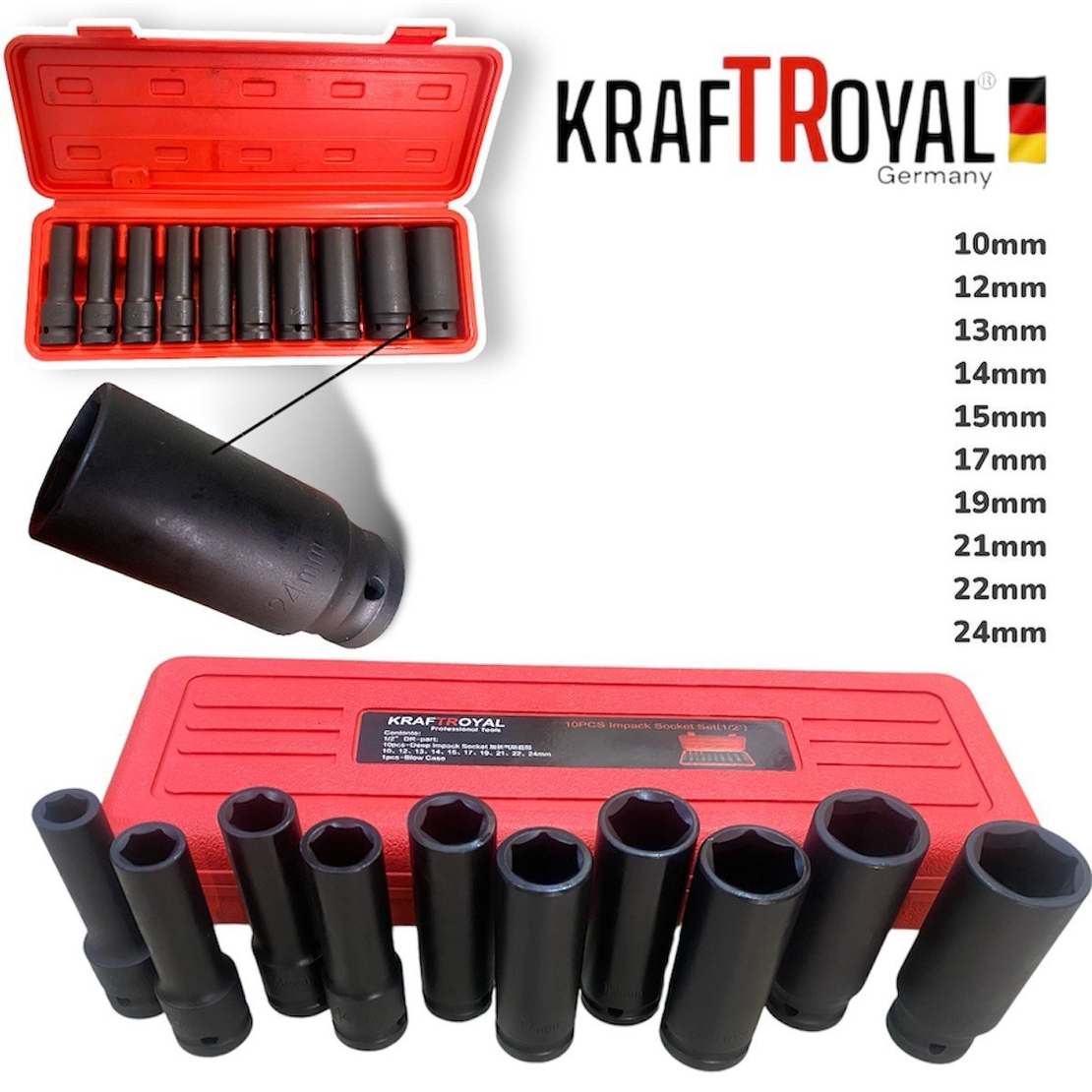 НЕМСКИ Акумулаторен Комбиниран Безчетков Гайковерт / Импакт Безжичен Акумулаторен Безчетков KRAFT ROYAL 36V 10.0AH 2 Броя Батерия + 10 броя Удължени Ковани Вложки 10-24мм + ЛЕД ФЕНЕР
