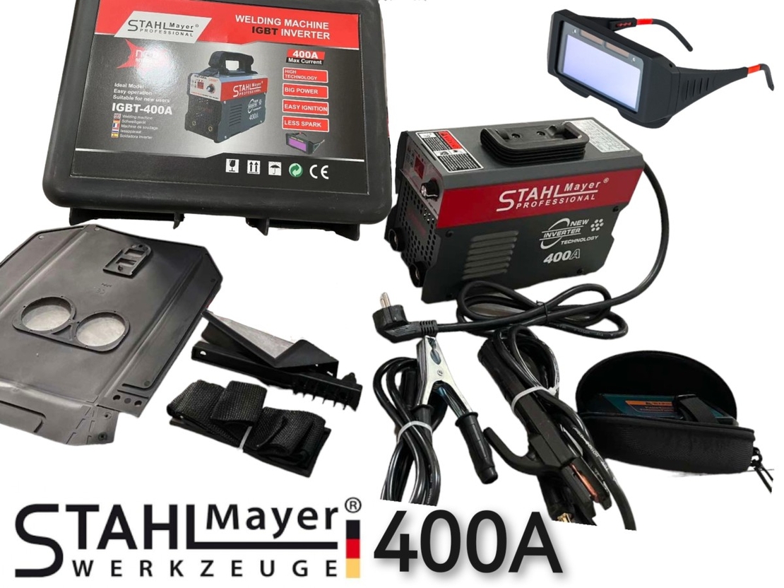 НЕМСКИ Инверторен Електрожен с Куфар + Соларни Очила 400А STAHLMAYER с дисплей Заваръчна техника + ЛЕД ФЕНЕР