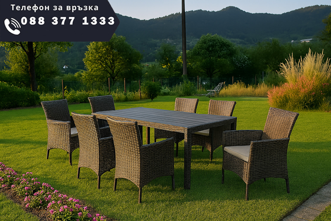 НЕМСКИ 6 местен ратанов трапезен комплект – Черен или Кафяв + ЛЕД ФЕНЕР