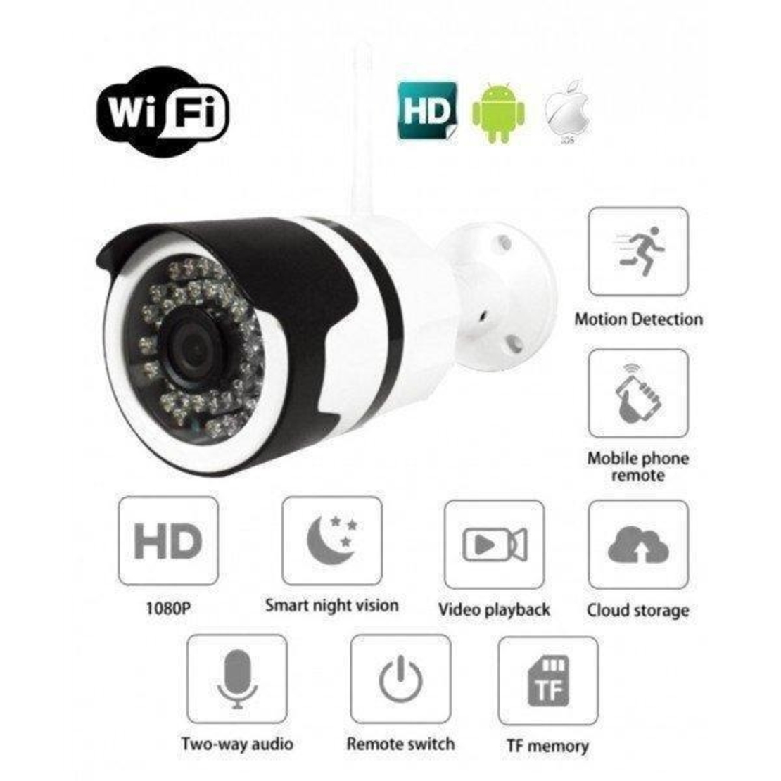 НЕМСКИ Комплект 4бр Wateproof Camera WIFI за външен монтаж, нощно виждане Full HD + ЛЕД ФЕНЕР