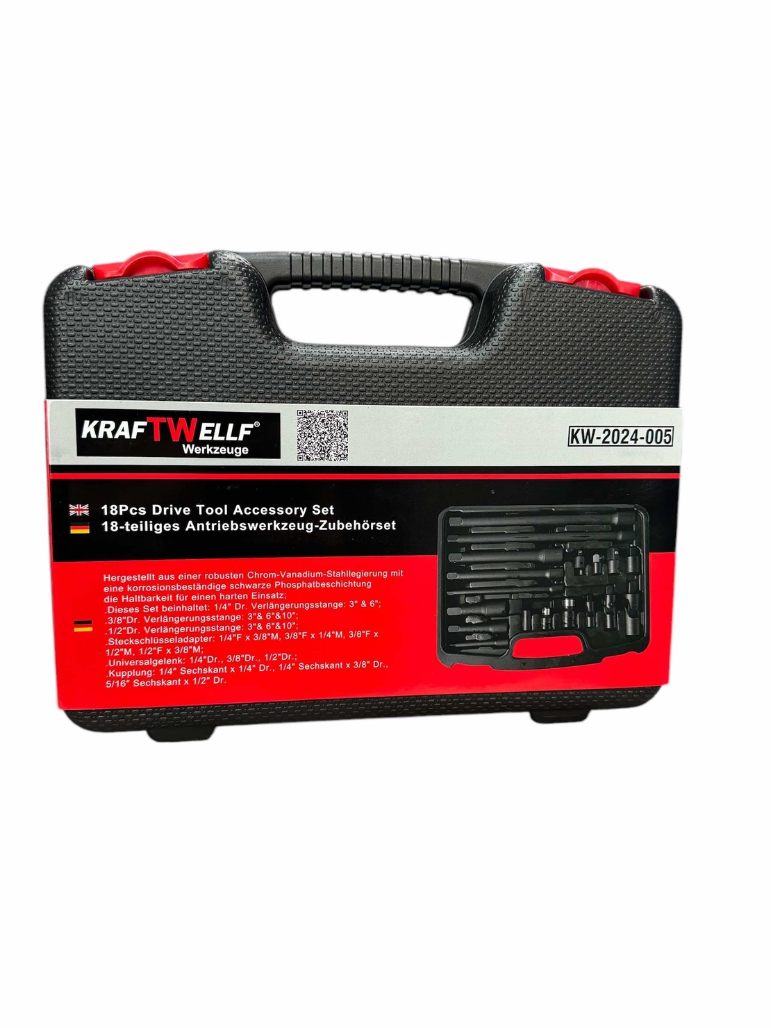 НЕМСКИ Ударни Преходници и Удължения 18 части Комплект – 1/4″,3/8″, 1/2″ KRAFTWELLE + ЛЕД ФЕНЕР