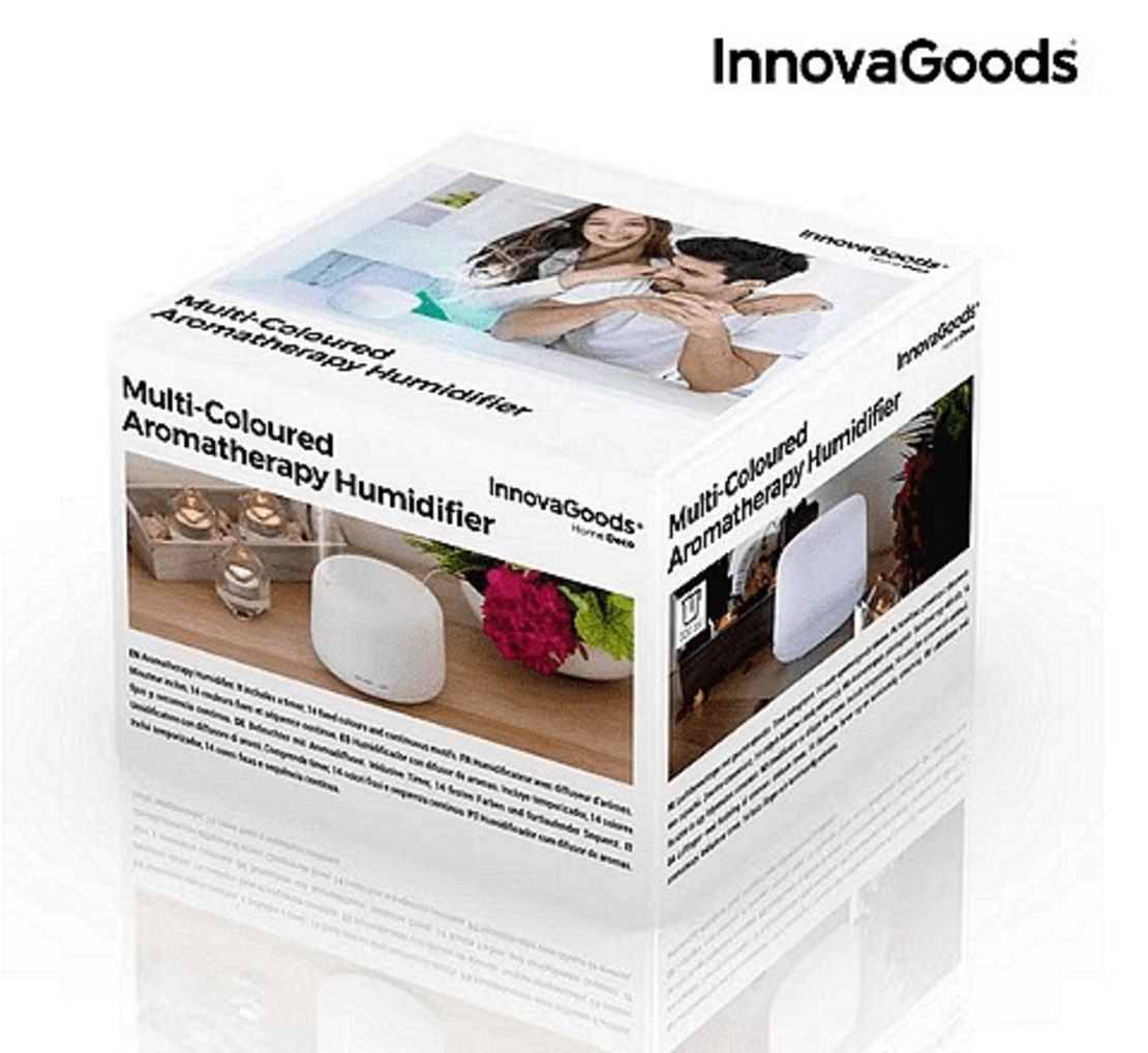 НЕМСКИ Арома Дифузер за етерични масла InnovaGoods, Овлажнител и ароматизатор, 15 режима на светене, Таймер, LED, 300 мл, Многоцветен + ЛЕД ФЕНЕР