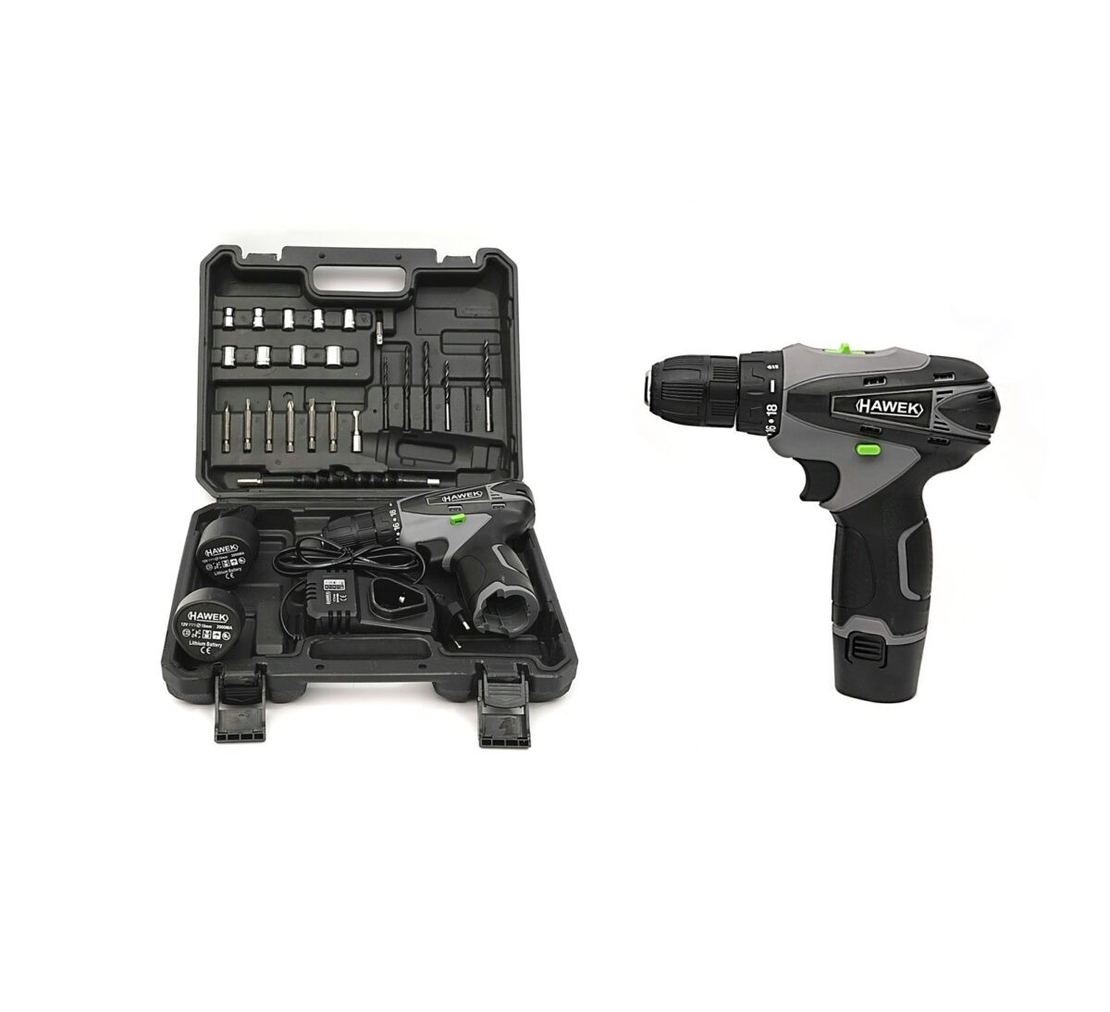 НЕМСКИ Полски Акумулаторен Двускоростен Винтоверт с Вложки и Удължение 12V 2AH HAWEK + ЛЕД ФЕНЕР