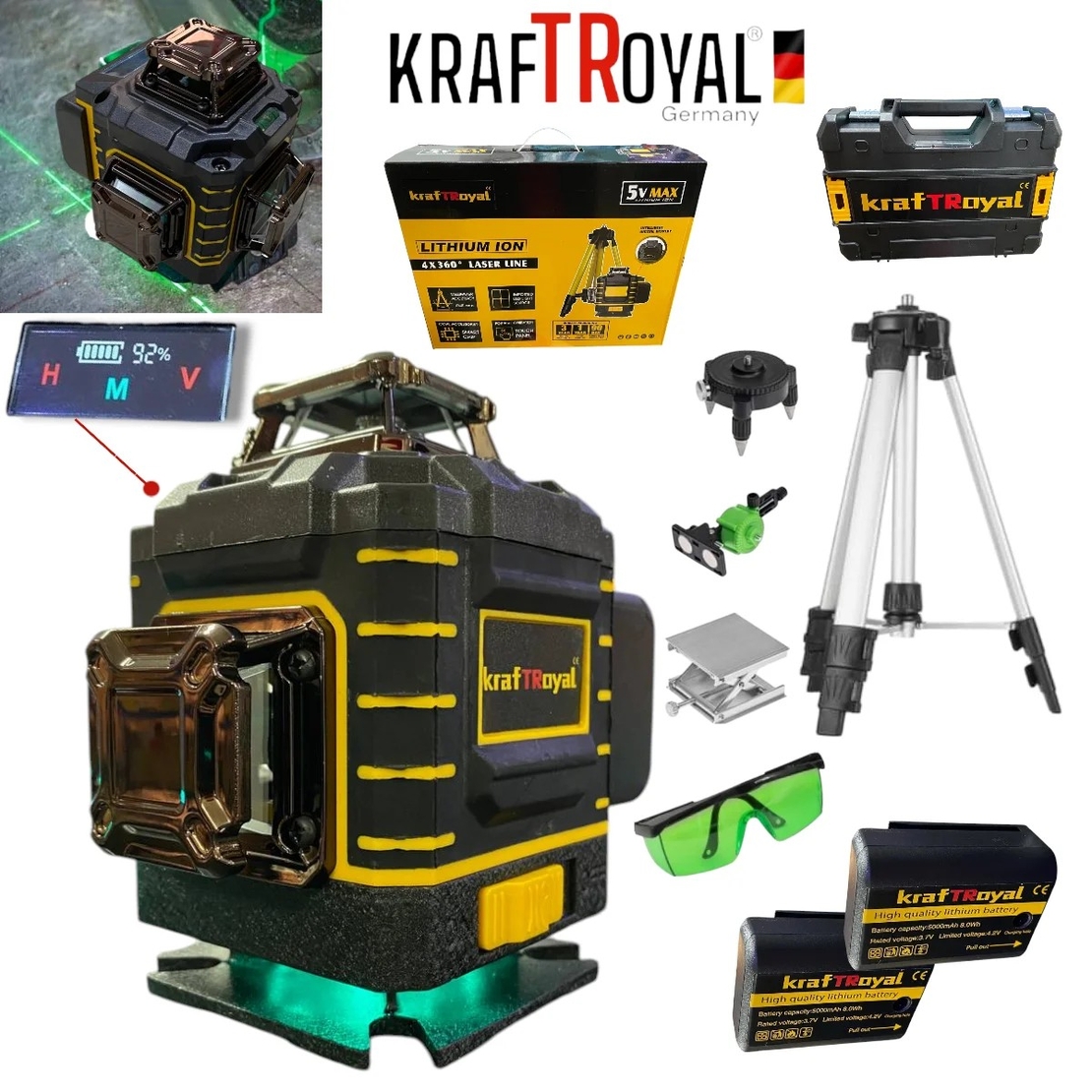 НЕМСКИ 4D Лазерен Нивелир с 16 линии KRAFTROYAL 4Д Самонивелиращ със сензор индикация на батерия със тринога трипод стойка + ЛЕД ФЕНЕР