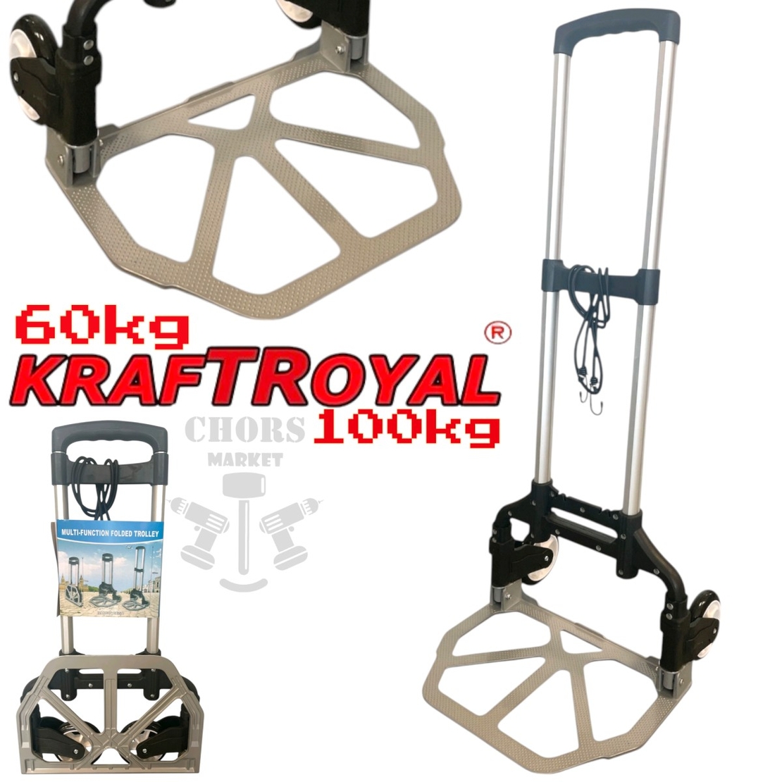 НЕМСКА Транспортна Сгъваема Количка до 60кг и до 100кг KRAFTROYAL + ЛЕД ФЕНЕР
