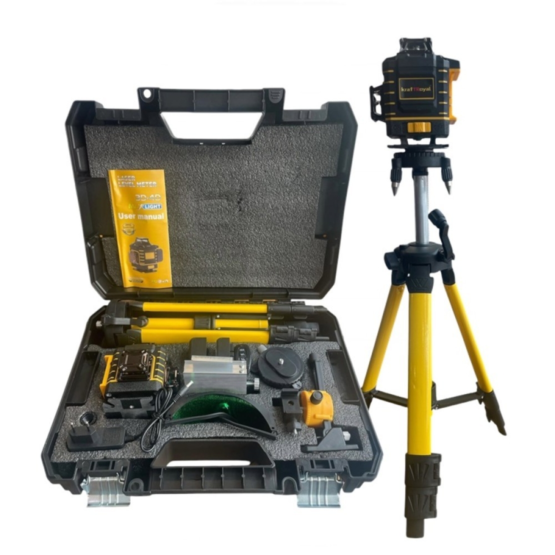 НЕМСКИ 4D Лазерен Нивелир с 16 линии KRAFTROYAL 4Д със сензор индикация на батерия + тринога + ЛЕД ФЕНЕР