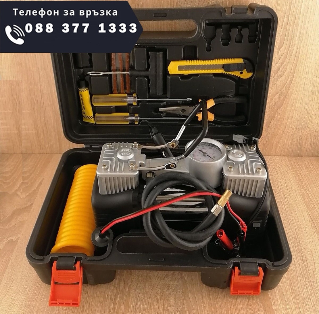 НЕМСКИ Двубутален Компресор за Гуми Помпа с Части Двуцилиндров в Куфар с Инструменти Пътна Помощ с Лед Фенер + ЛЕД ФЕНЕР