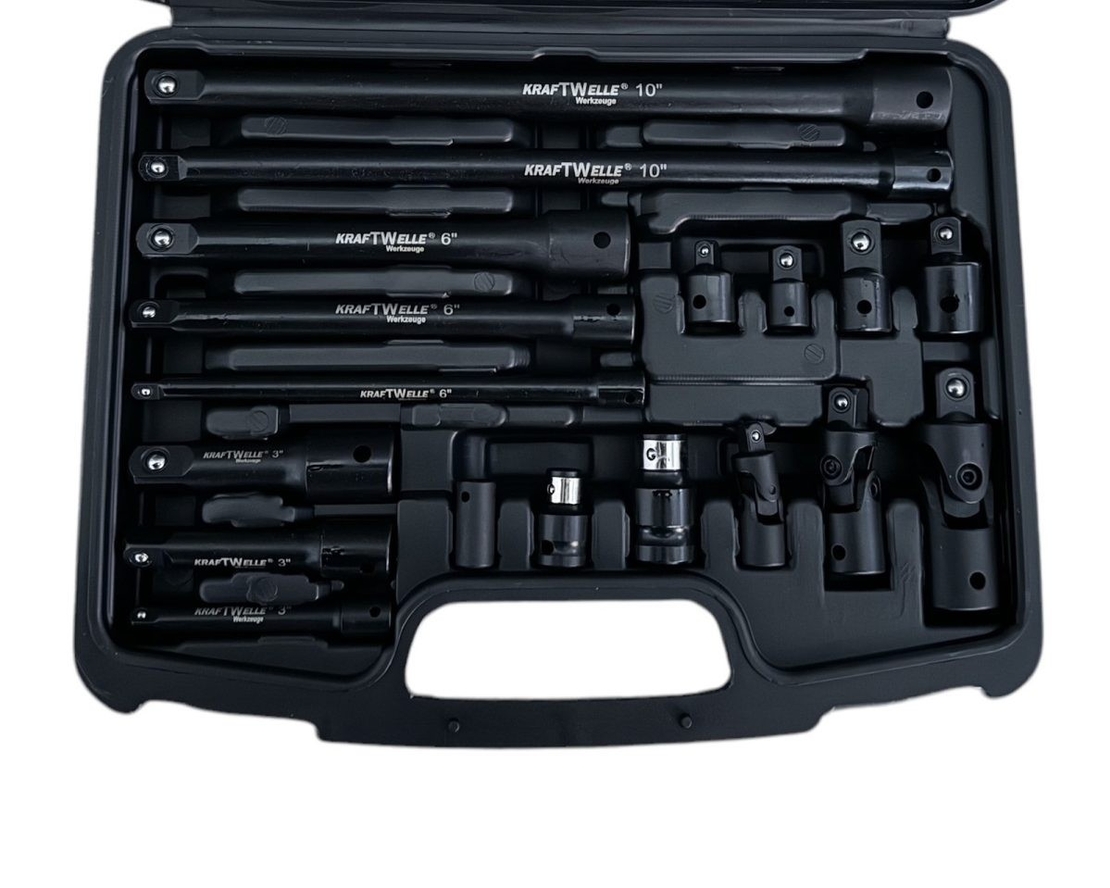 НЕМСКИ Ударни Преходници и Удължения 18 части Комплект – 1/4″,3/8″, 1/2″ KRAFTWELLE + ЛЕД ФЕНЕР