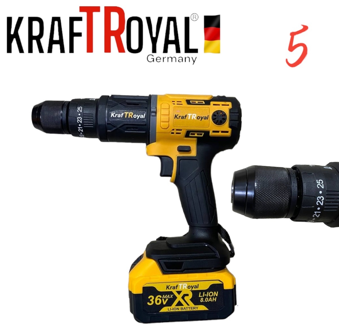 НЕМСКИ 5в1 Мултифункционален Инструмент 5 Приставки Сменяеми KRAFTROYAL 36V Водоструйка Винтоверт Гайковерт-Импакт Перфоратор и Ъглошлайф Акумулаторен 2х Батерии + ЛЕД ФЕНЕР